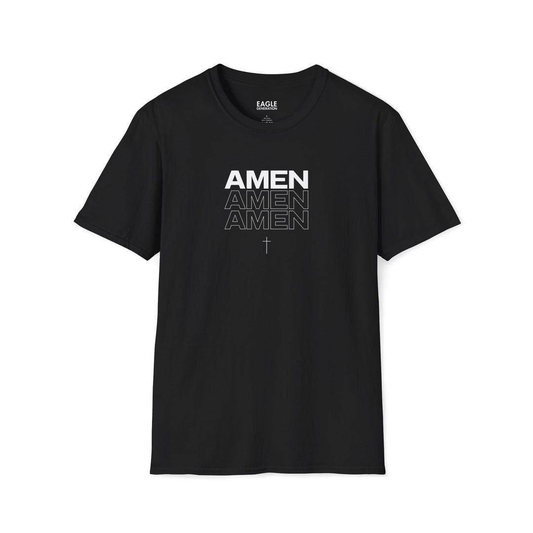 Black Amen T-shirt with white text and cross symbol, classic fit, 100% ring-spun cotton
