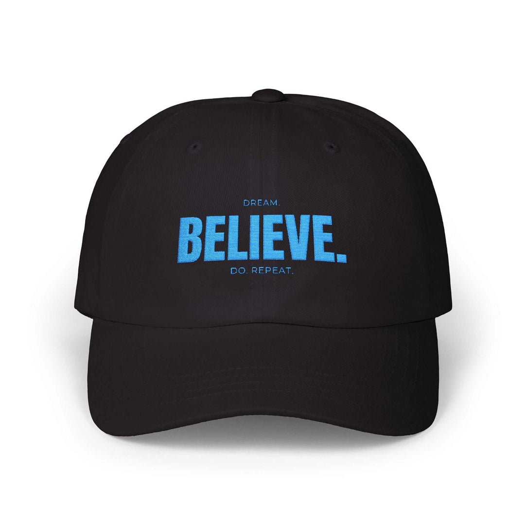 Black Believe & Act cap with blue motivational text, adjustable fit, and durable cotton material