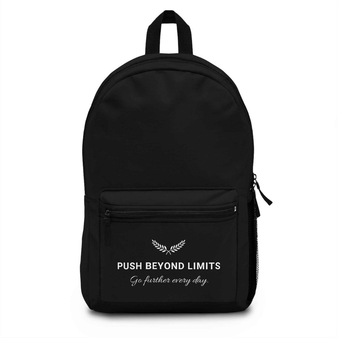 Black Beyond Limits backpack with front zip pocket and motivational text, made from lightweight polyester with adjustable shoulder straps