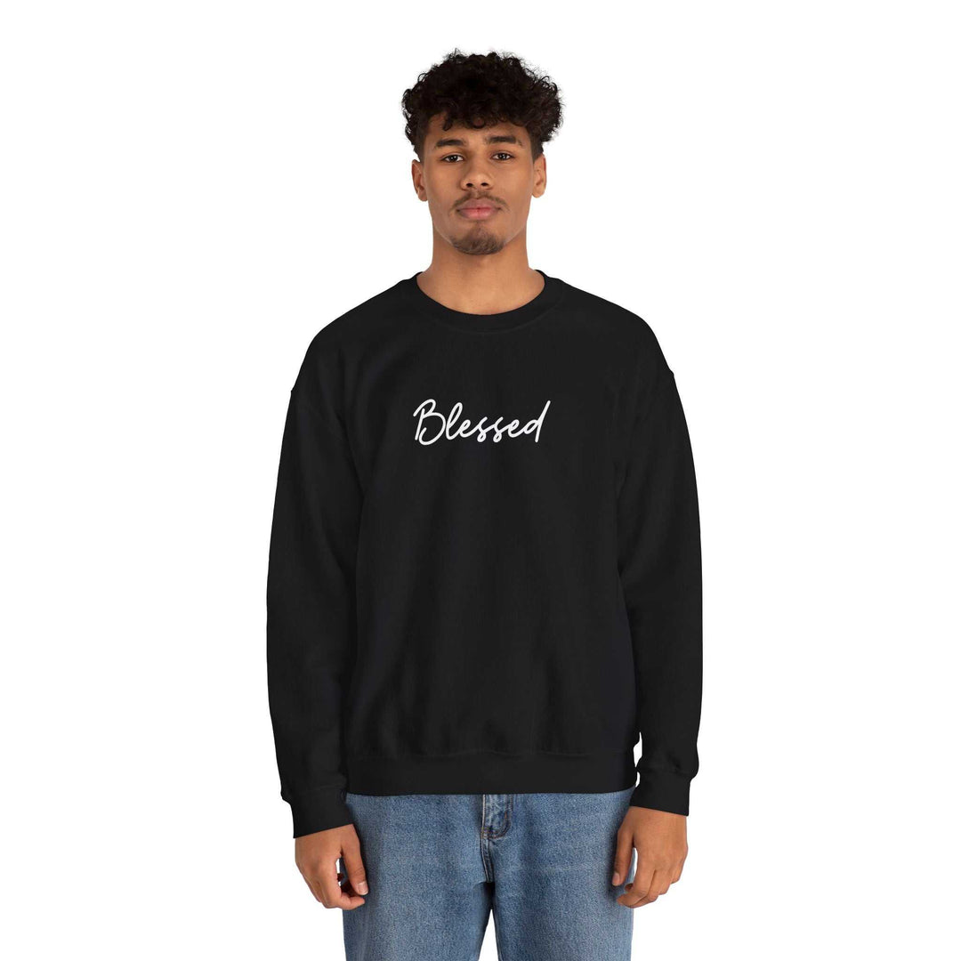 Black Blessed Sweatshirt with white script embroidery on chest