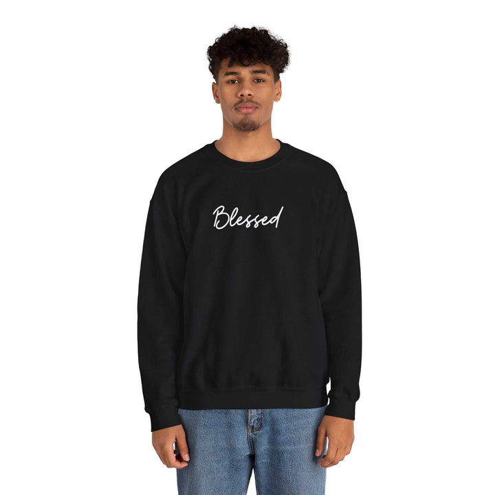 Black Blessed Sweatshirt with white script embroidery on chest