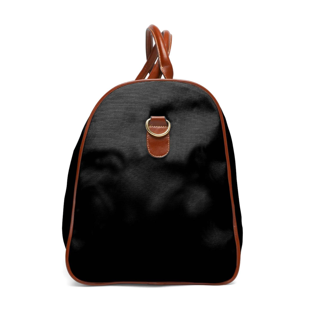 Black travel bag with brown PU leather handles and gold zipper, durable nylon material and adjustable shoulder strap
