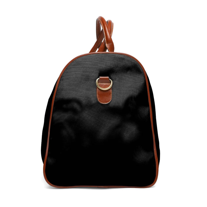 Black travel bag with brown PU leather handles and gold zipper, durable nylon material and adjustable shoulder strap