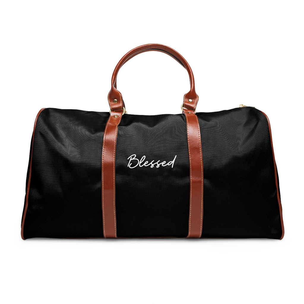 Black Blessed travel bag with brown PU leather handles and gold zipper, made of durable nylon material.