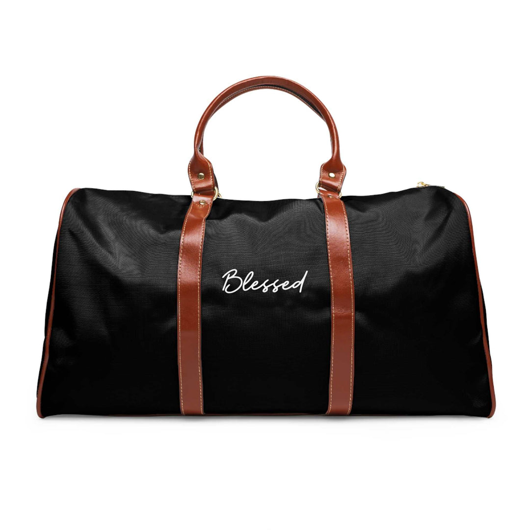 Black Blessed travel bag with brown PU leather handles and gold zipper, durable nylon material and spacious design