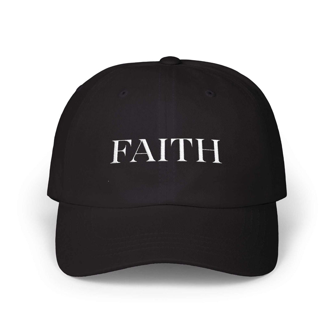 Black Bold Faith Cap with white "FAITH" text, cotton fabric, adjustable strap with brass buckle.