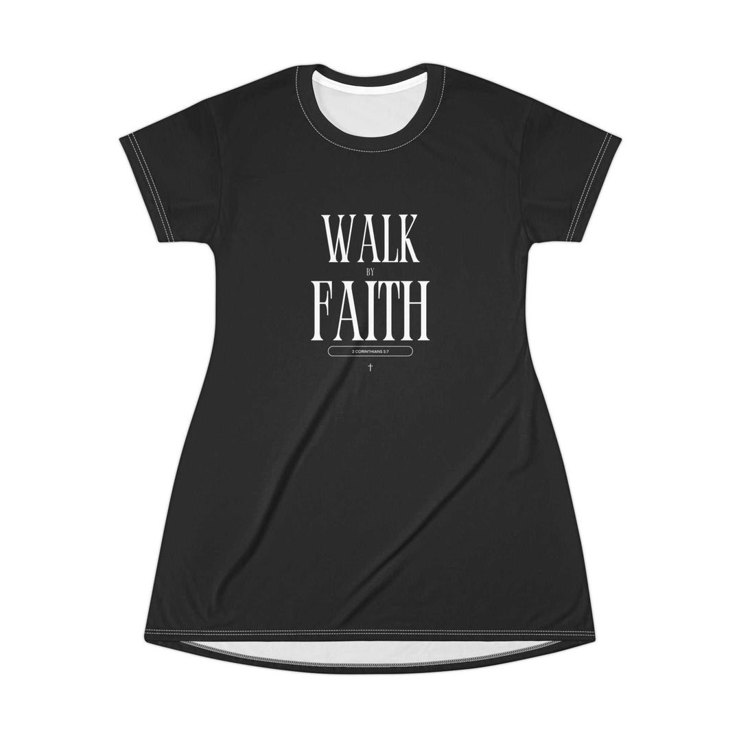 Black Christian T-shirt dress with "Walk by Faith" text