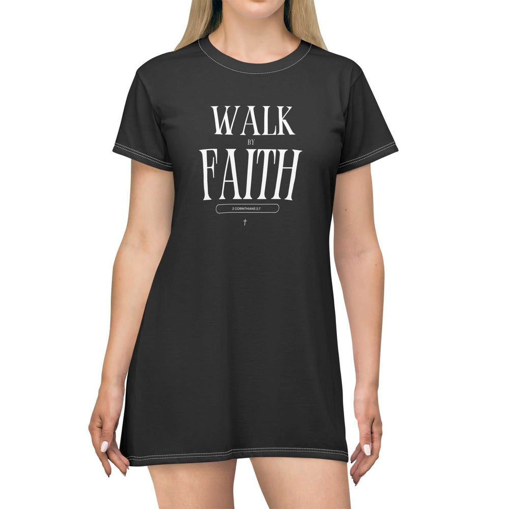 Black Christian t-shirt dress with "Walk by Faith" white text print