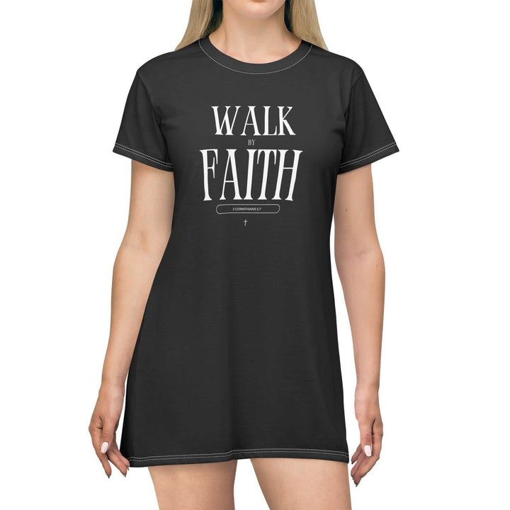 Black Christian t-shirt dress with "Walk by Faith" white text print