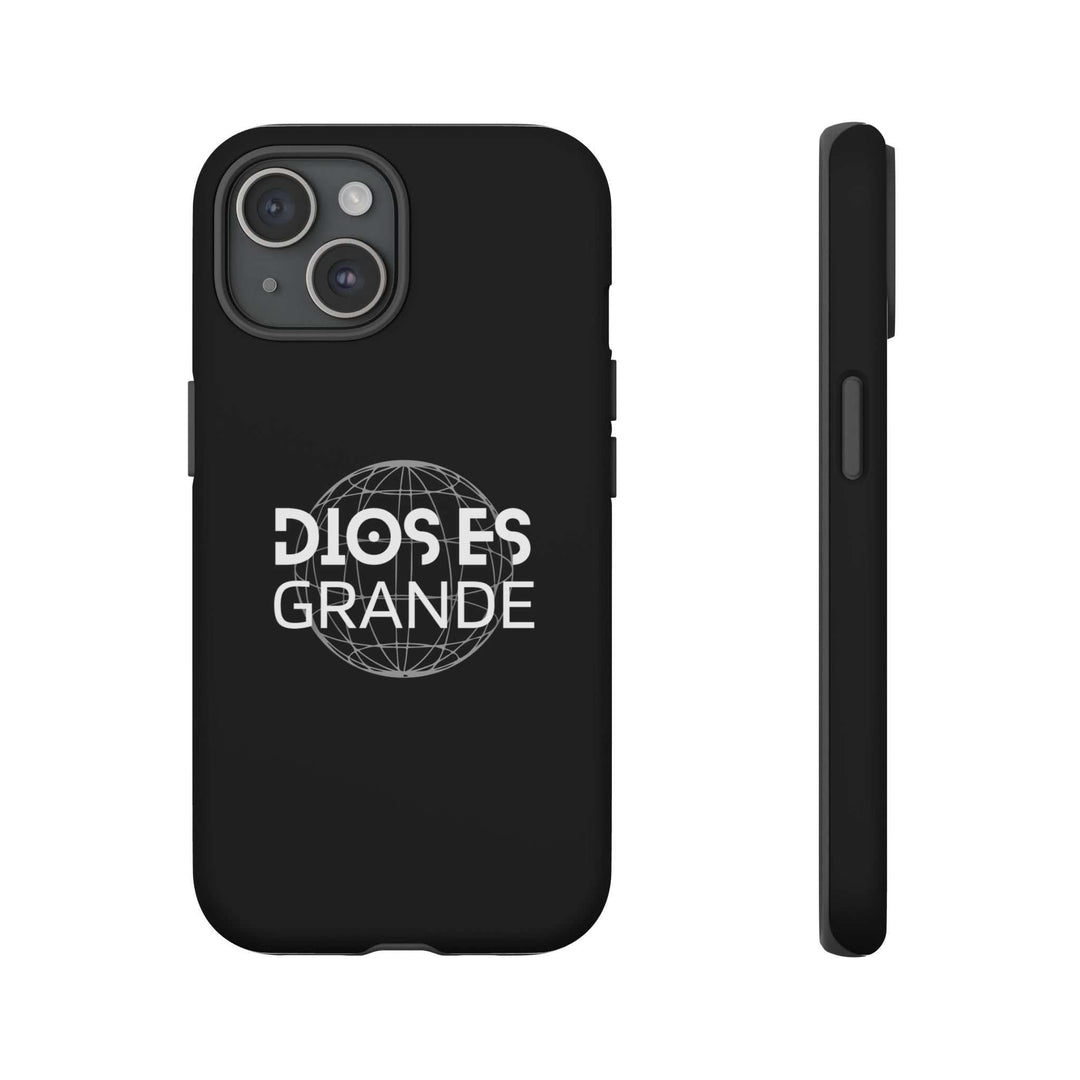 Black Dios Es Grande phone case with white Spanish text and globe design, durable dual-layer protection, matte finish, compatible with wireless charging.