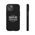 Black Dios Es Grande phone case with Spanish faith message and globe design, dual layer durable protection, matte finish, supports wireless charging.