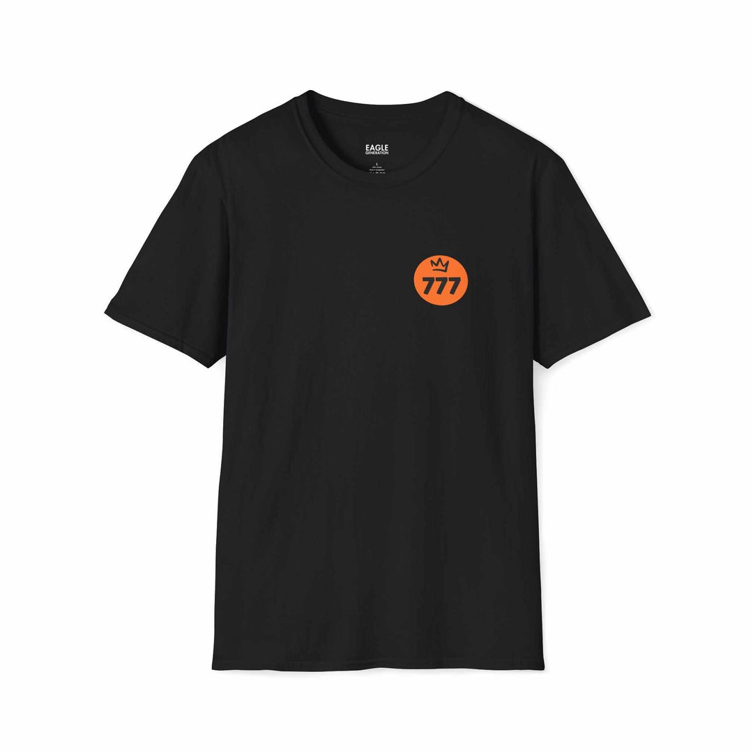 Black Divine Perfection T-shirt with orange 777 logo, made of 100% cotton, classic fit, tear-away label