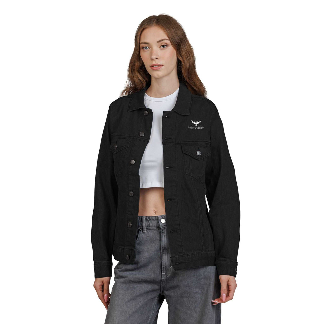 Woman wearing black Eagle Mindset denim jacket with chest pockets and button closure