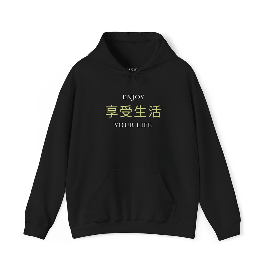 Black "Enjoy Your Life" hoodie with Chinese characters, classic fit, cotton-polyester blend, cozy and motivational design.