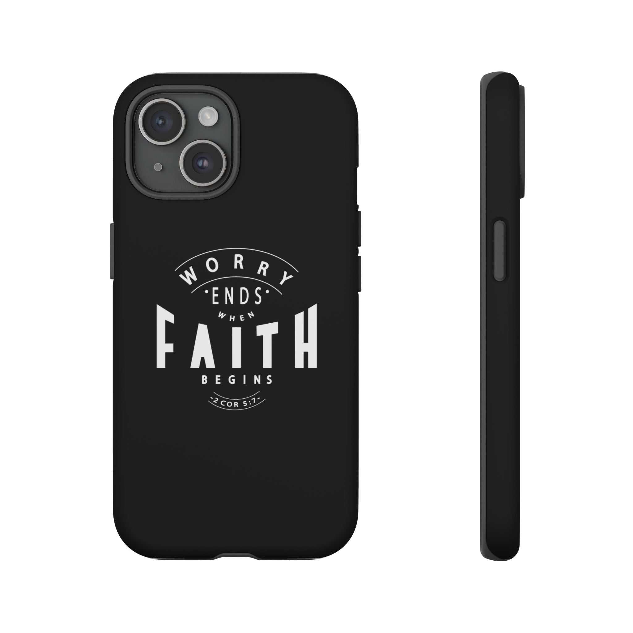 Black Faith Begins Phone Case with white inspirational text
