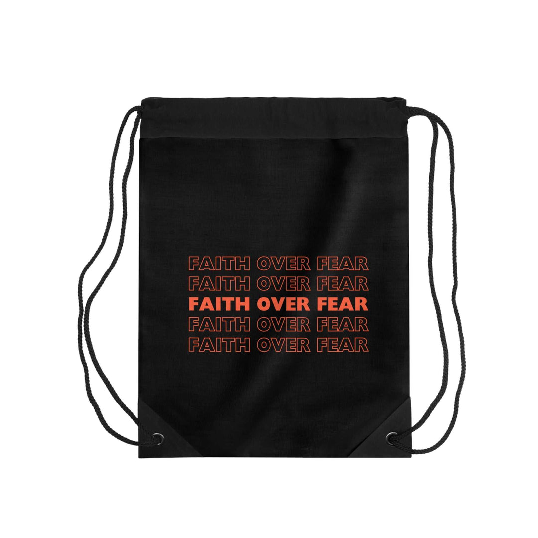 Black drawstring bag with repeated "Faith Over Fear" text design in orange, lightweight polyester with inside zipper pocket.