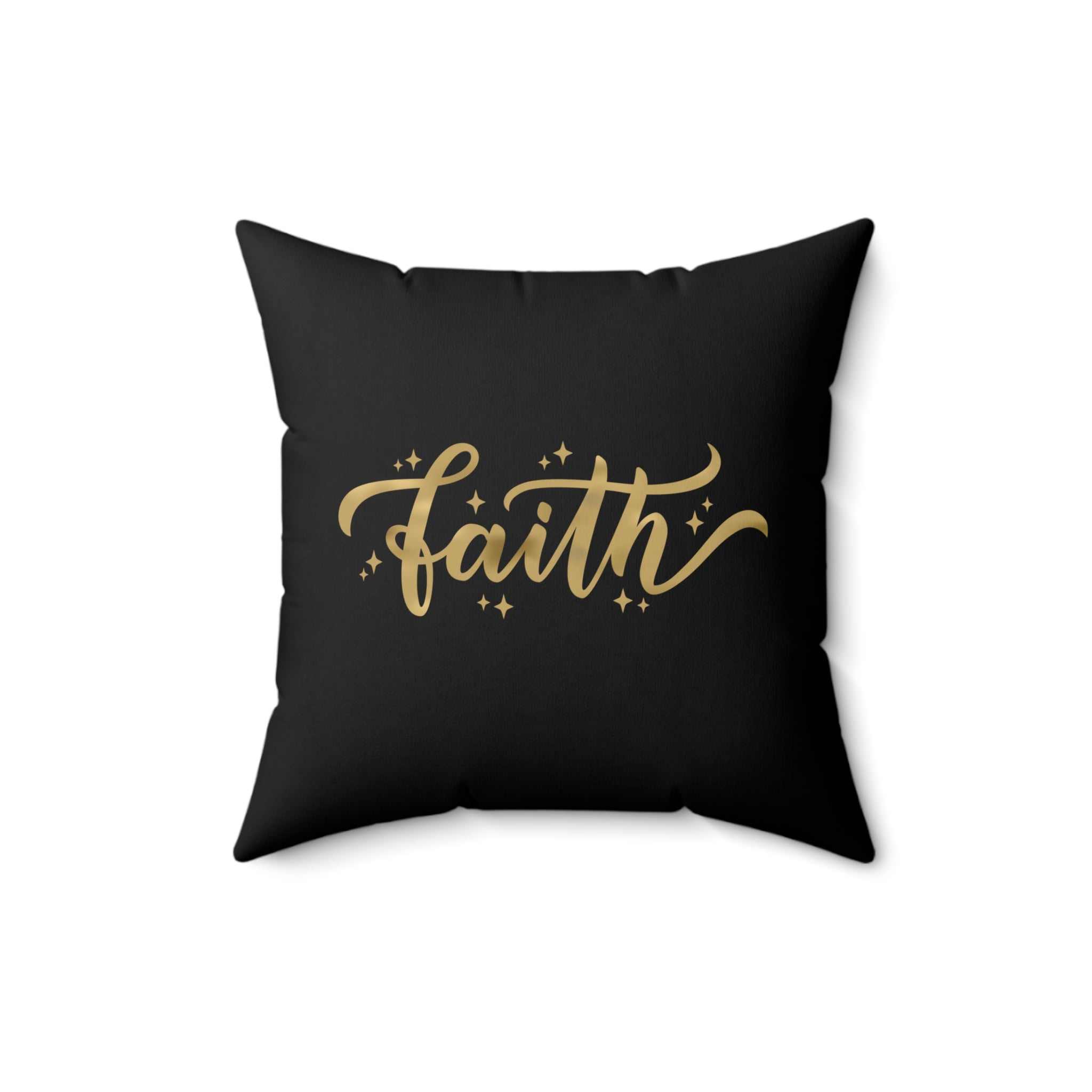 Black Faith Pillow with gold script and star accents