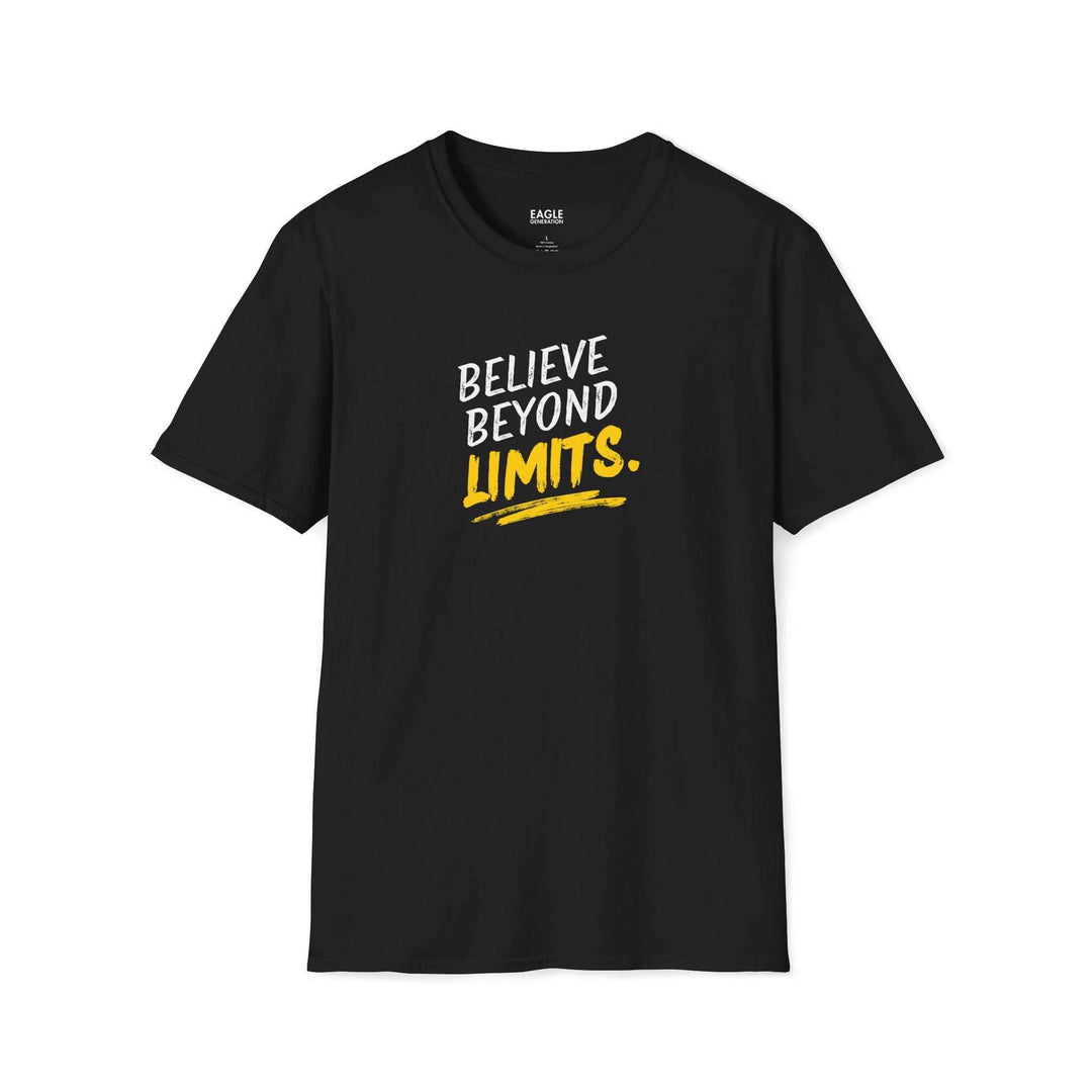 Black classic fit t-shirt with "Believe Beyond Limits" motivational text in white and yellow on front, made of 100% ring-spun cotton