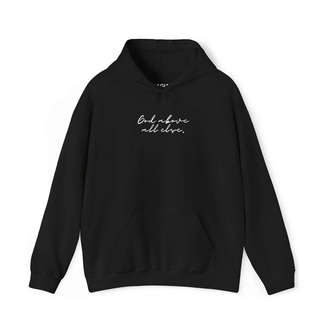 Black God Above All Hoodie with white script text