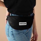 Black God Is Love Fanny Pack worn on waist with white text and casual outfit