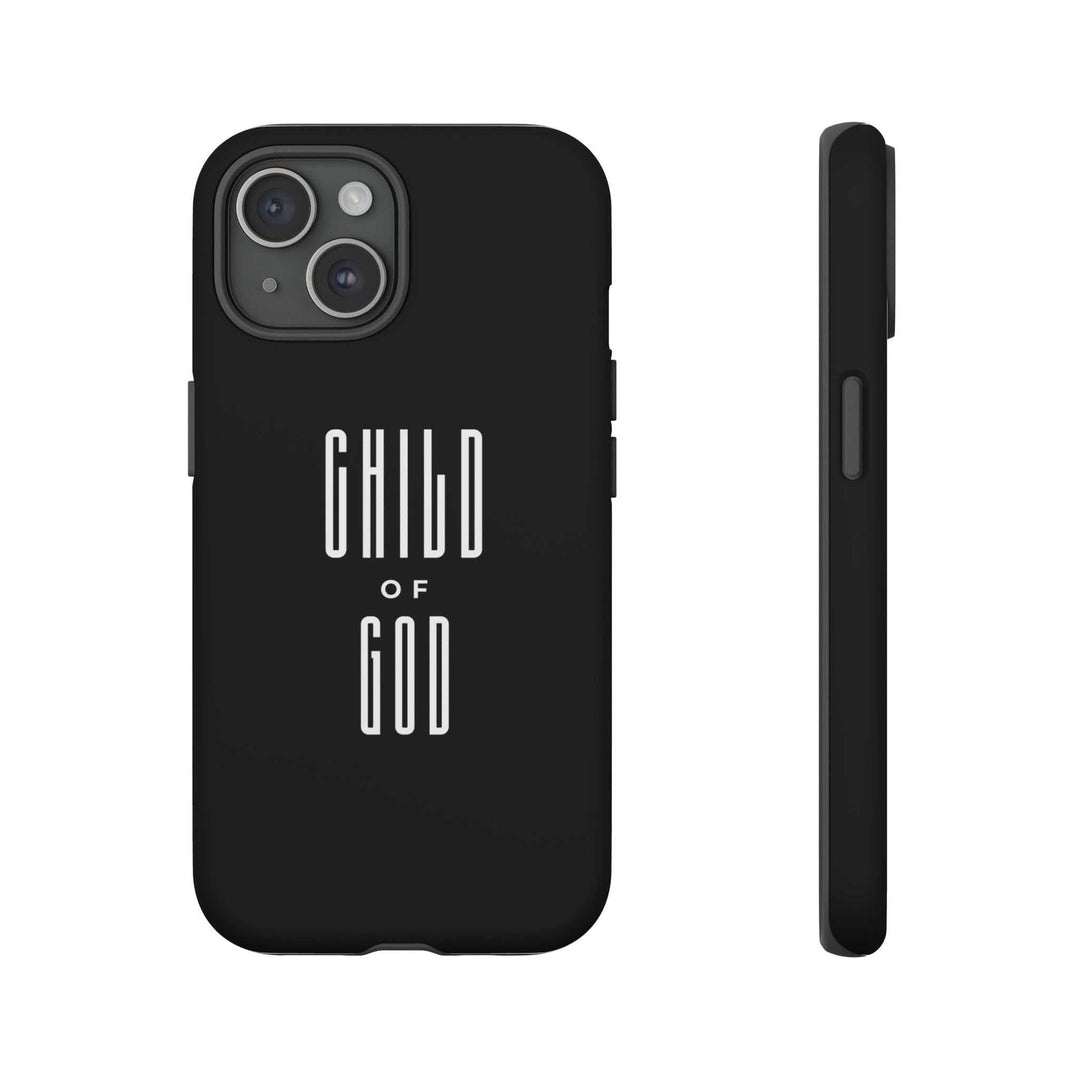 Black "Child of God" phone case with matte finish, durable dual-layer protection, and clear port openings for connectivity.