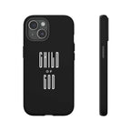 Black dual-layer God's Child phone case with matte finish and clear port openings for iPhone