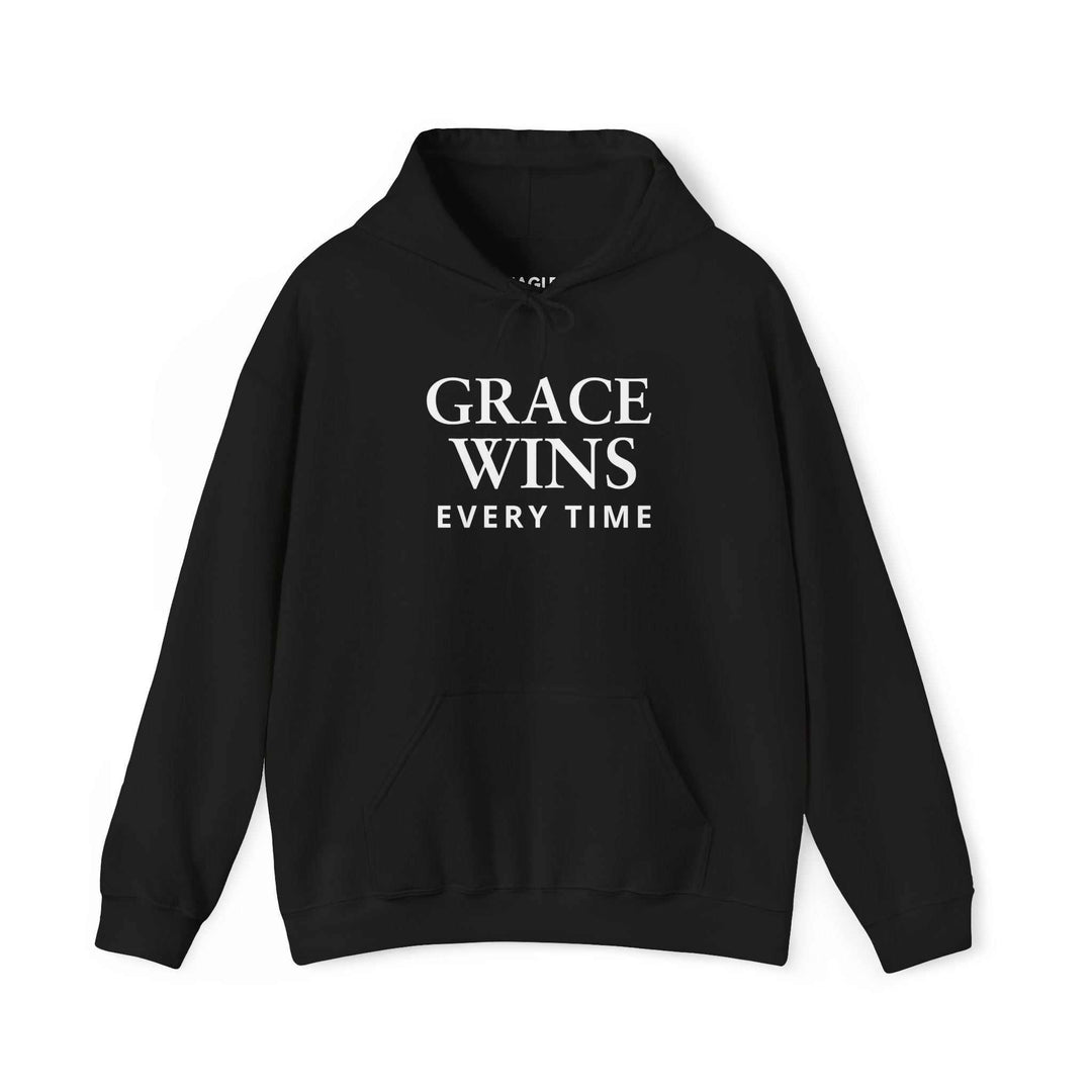 Black Grace Wins Hoodie with white inspirational text, classic fit, cotton-polyester blend, and tear-away label