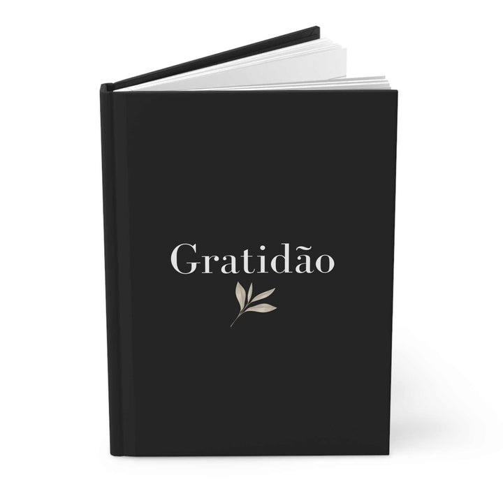 Black Gratidão journal with matte finish and leaf design on cover, perfect for daily gratitude practice and journaling