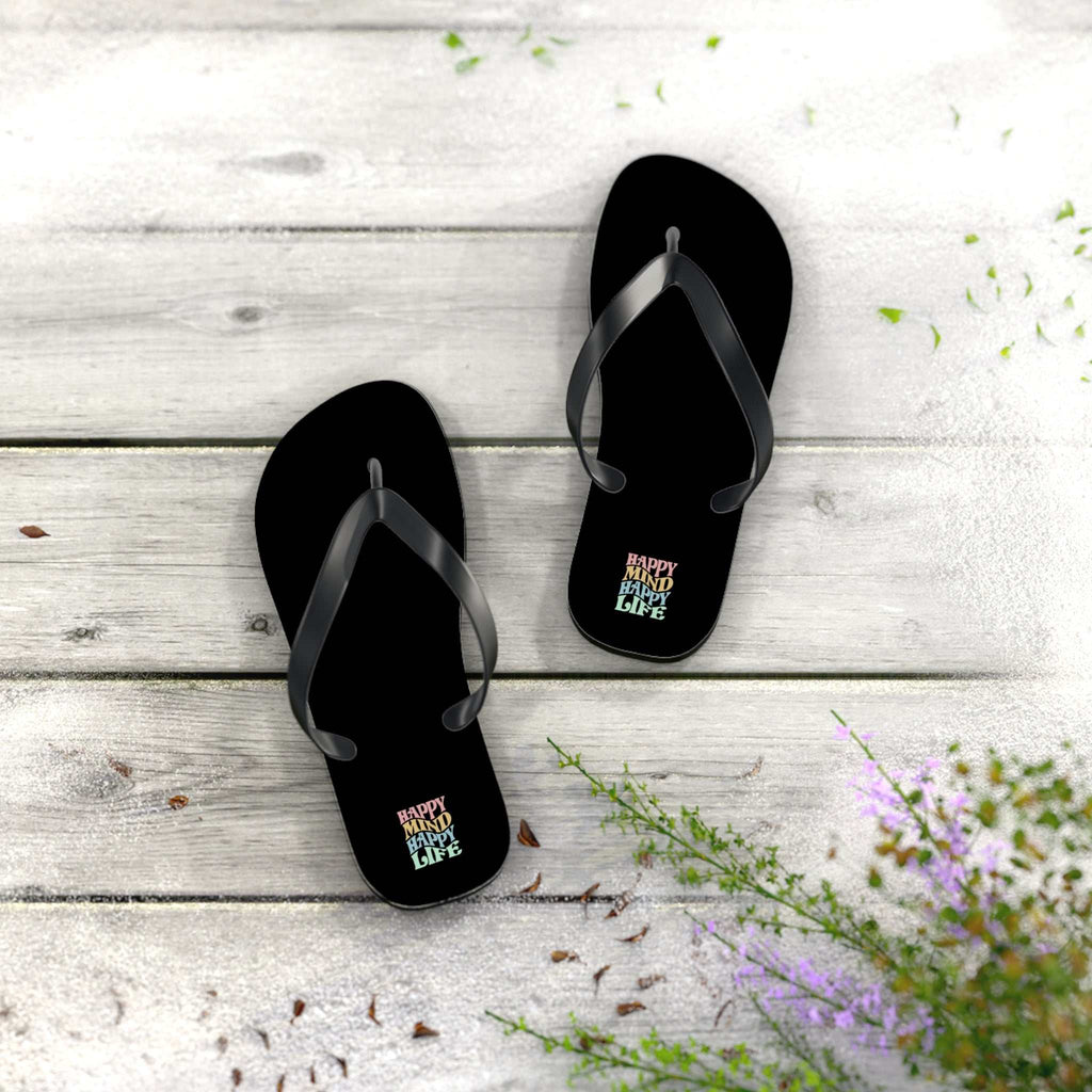 Black Happy Mind Flip Flops with cushioned footbed