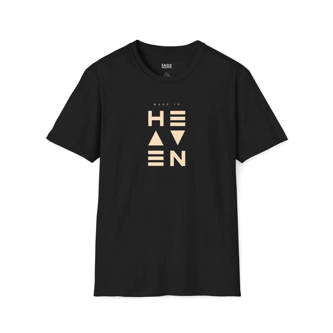 Black Heaven T-shirt with modern beige geometric text design, made of 100% cotton for comfort and classic fit