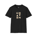 Black Heaven T-shirt with stylized beige lettering, classic fit, 100% ring-spun cotton for comfort and faith-inspired style