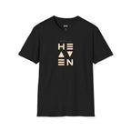 Black Heaven T-shirt with stylized beige lettering, classic fit, 100% ring-spun cotton for comfort and faith-inspired style