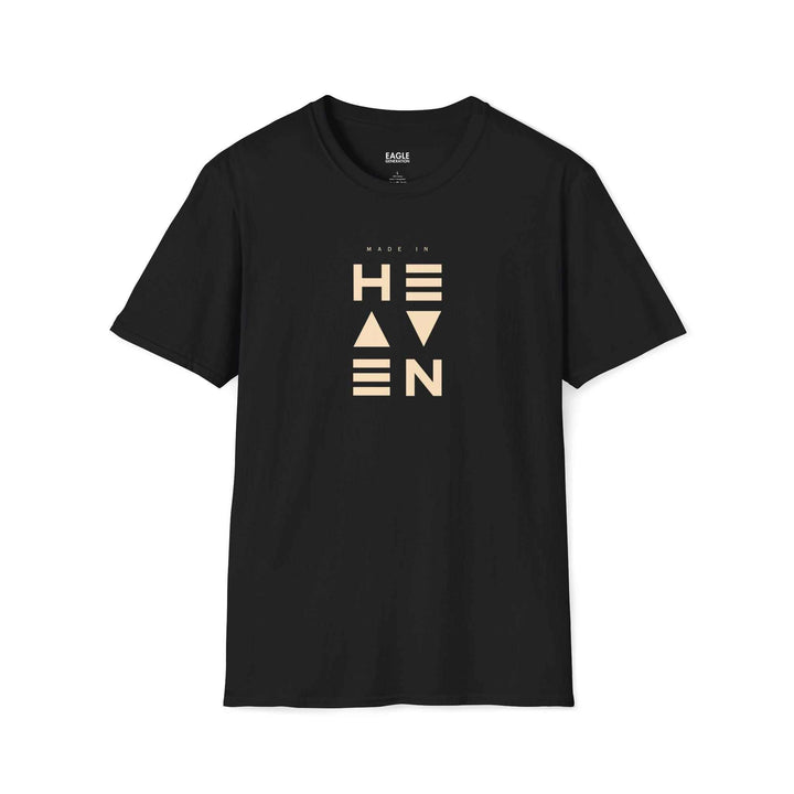 Black Heaven T-shirt with modern beige geometric text design, made of 100% cotton for comfort and classic fit