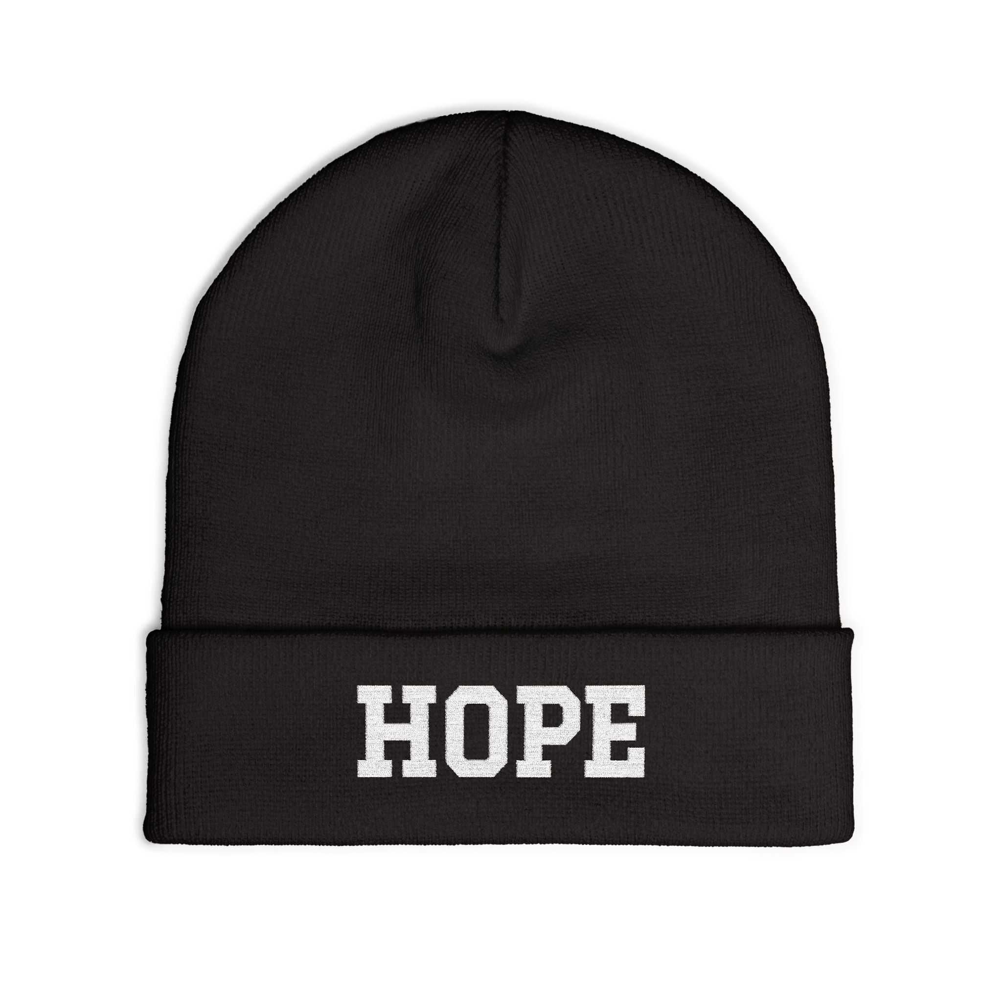 Black Hope Knit Beanie with custom embroidered white "HOPE" text