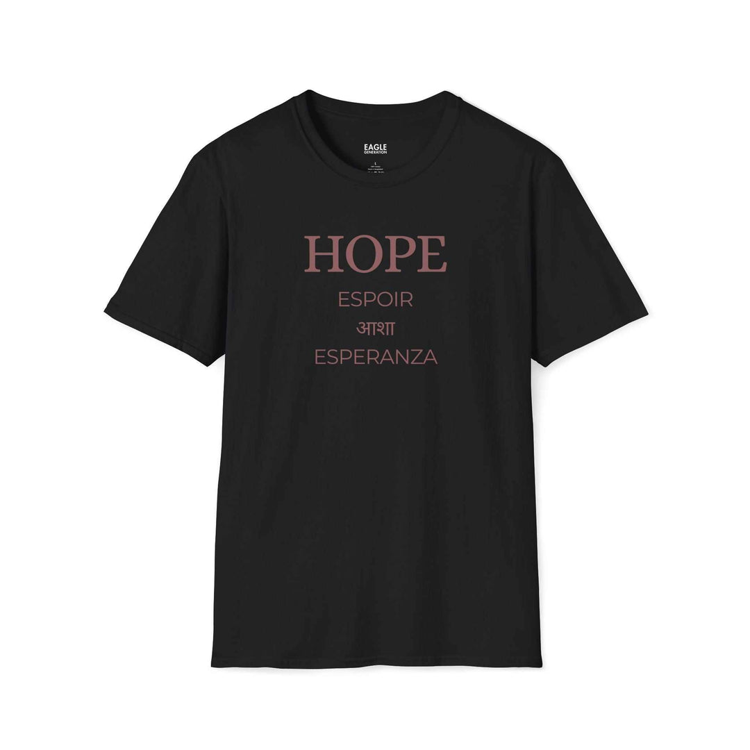 Black Hope T-Shirt with inspirational word in multiple languages, made of 100% ring-spun cotton with classic fit.