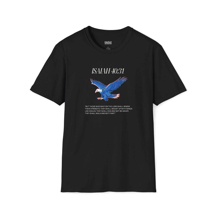 Black Isaiah 40:31 T-shirt with blue eagle graphic and inspirational Bible verse text on front