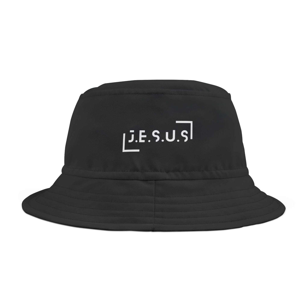 Black Jesus bucket hat made of 100% polyester with embroidered text, available in three sizes.
