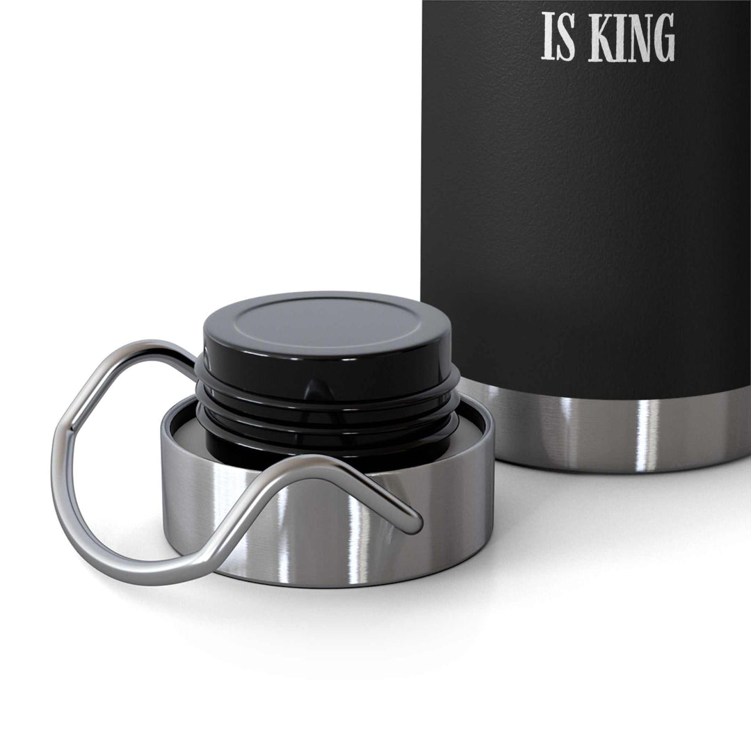 Black Jesus Is King bottle with stainless steel lid and handle, featuring spill-proof and durable design