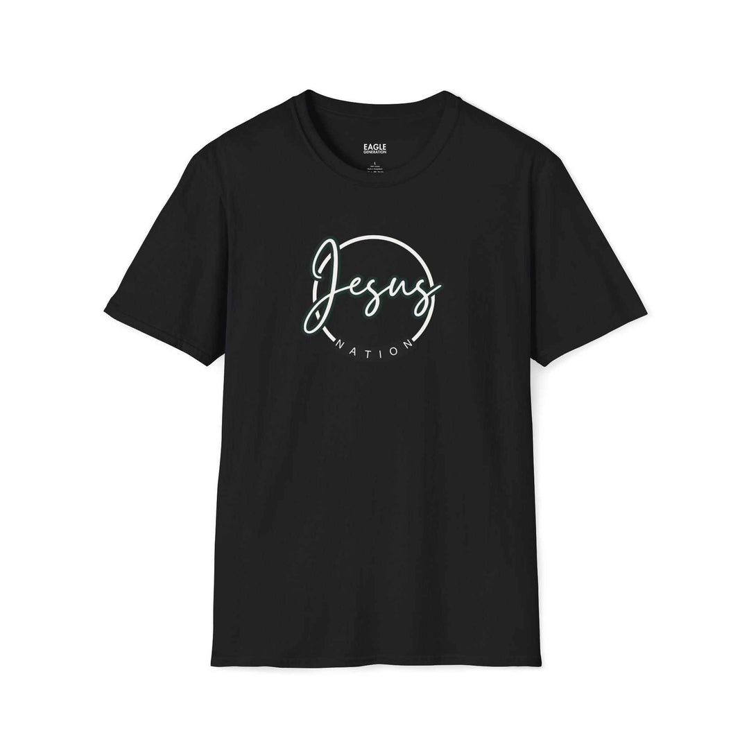 Black Jesus Nation t-shirt with white script logo, 100% cotton, classic fit, tear-away label.