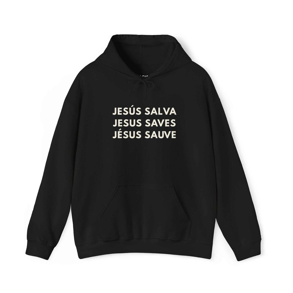 Black Jesus Saves hoodie with bold white text in multiple languages, made of cotton and polyester for everyday comfort