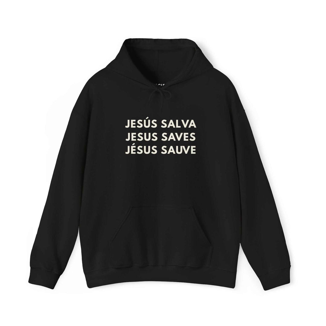 Black Jesus Saves hoodie with bold white text in multiple languages, made of cotton and polyester for everyday comfort