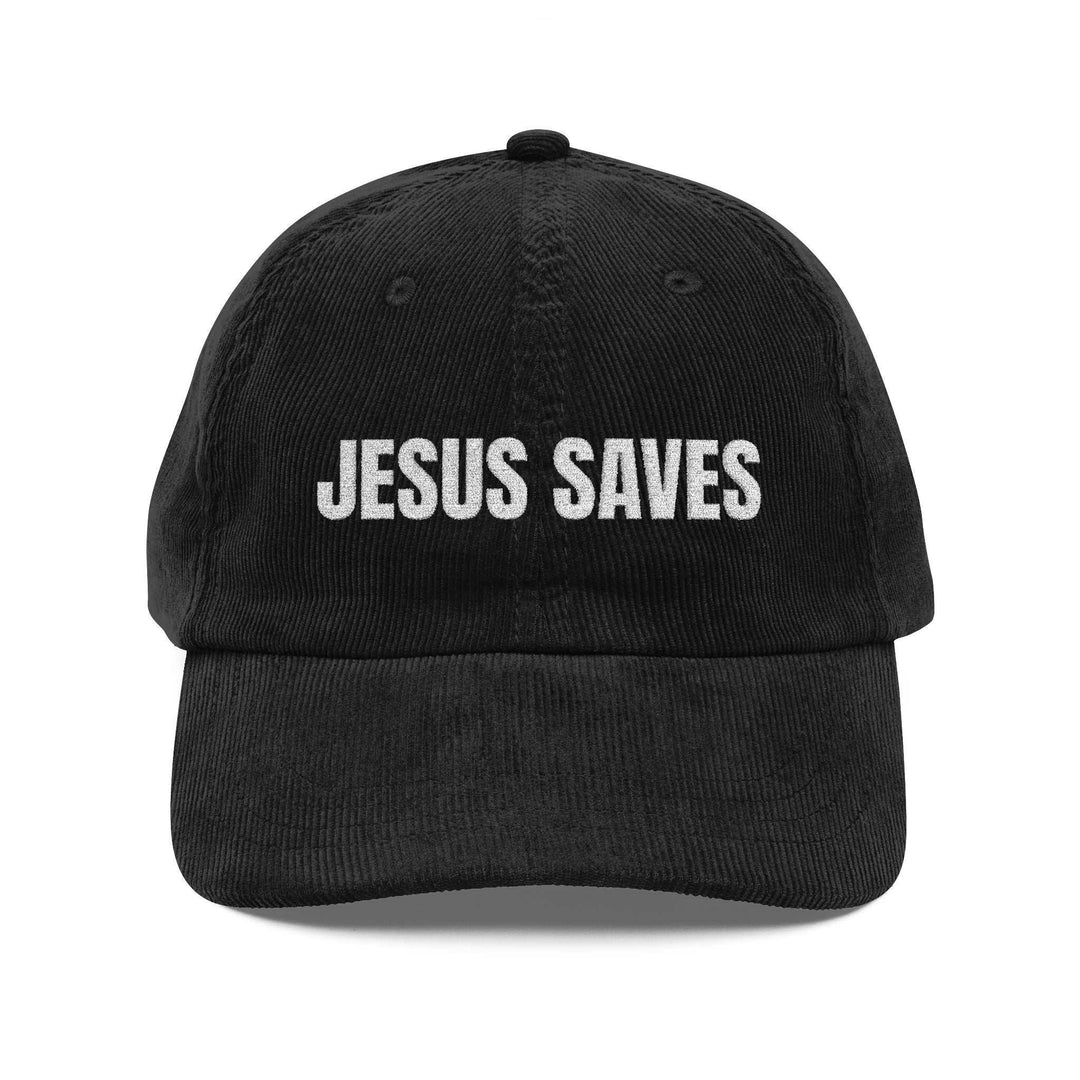 Black vintage corduroy cap with "JESUS SAVES" embroidered in white, adjustable strap with metal buckle