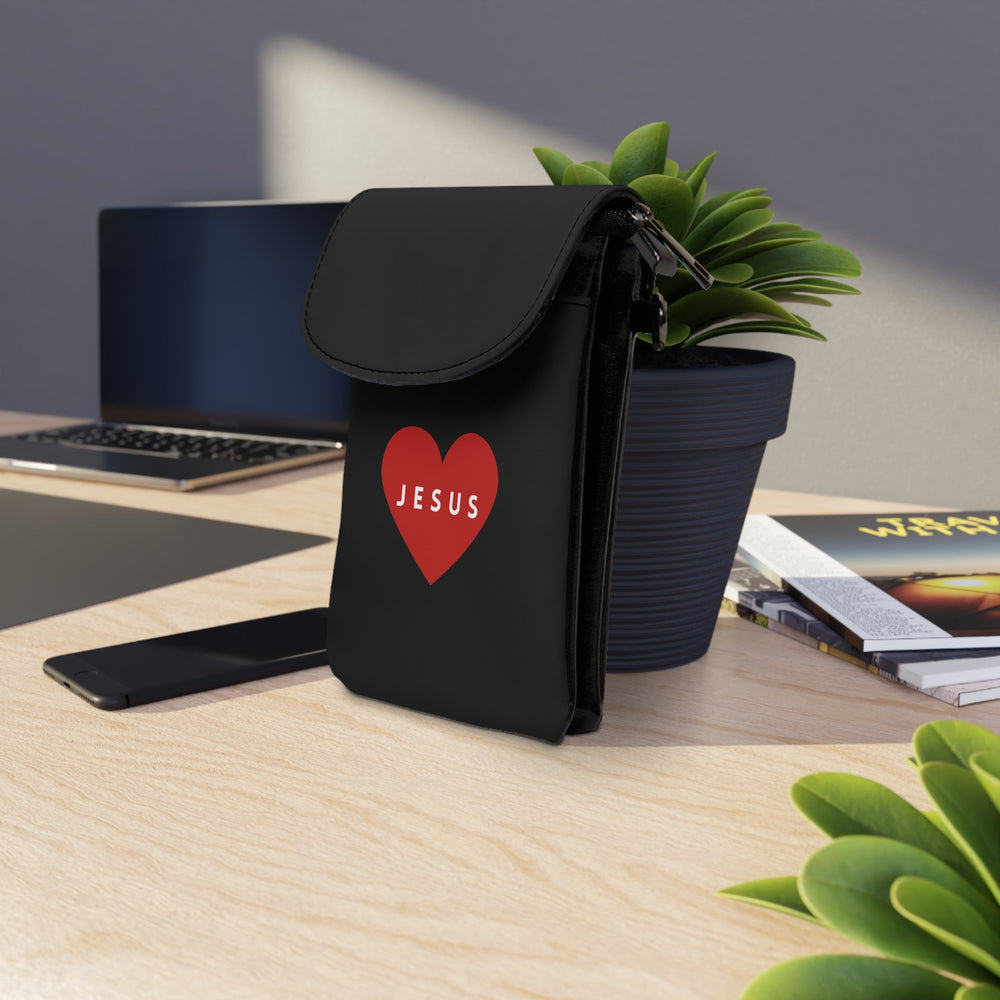 Black Jesus cell phone wallet with red heart design