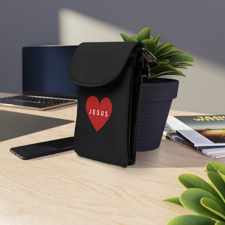 Black Jesus cell phone wallet with red heart design