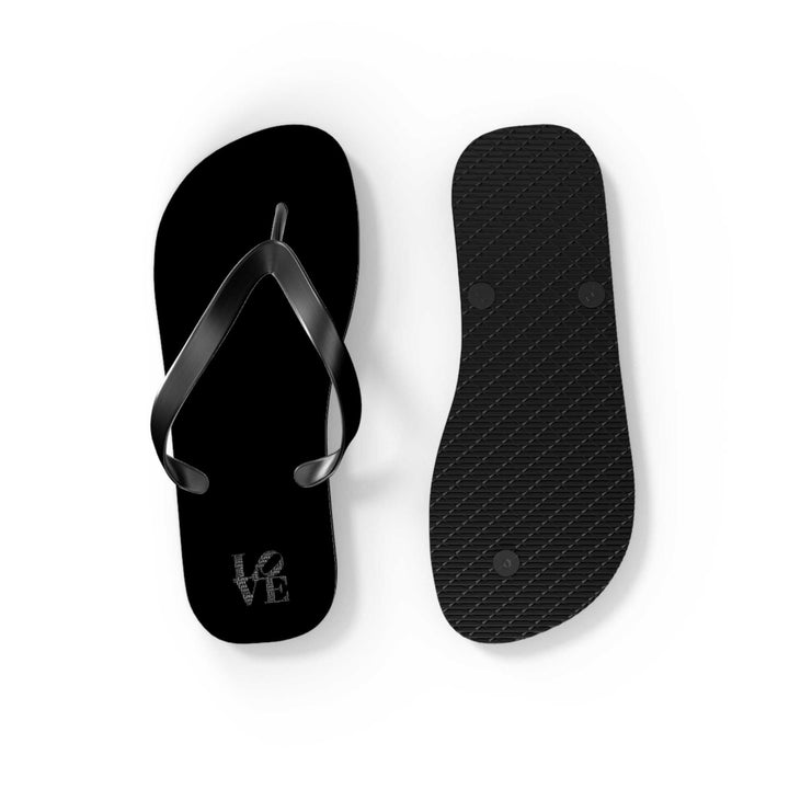 Black Love flip flops with cushioned footbed and textured sole