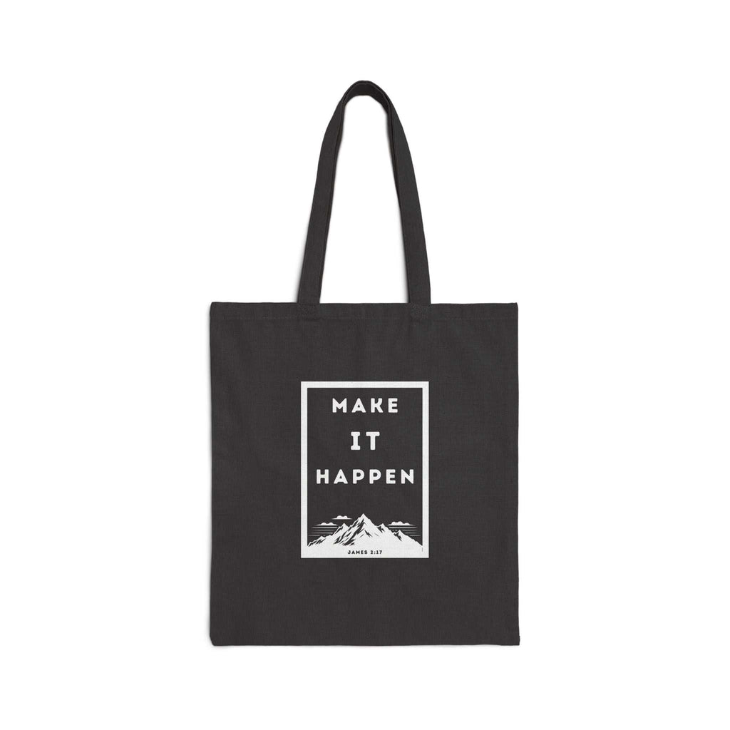 Black cotton canvas tote bag with "Make It Happen" motivational print and long handles