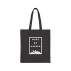Black cotton canvas tote bag with "Make It Happen" motivational print and long handles