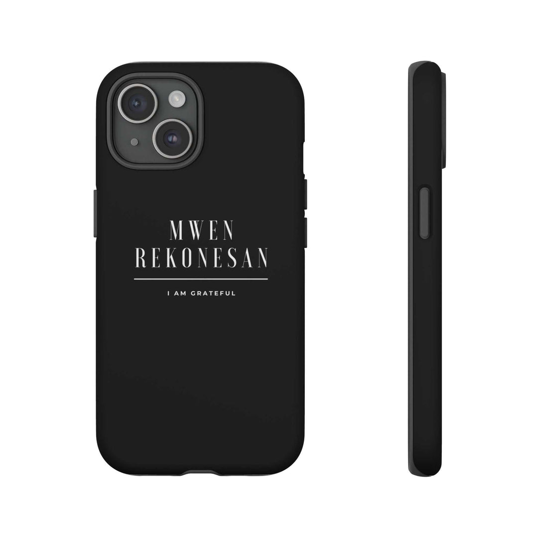 Black Mwen Rekonesan phone case with gratitude message in Haitian Creole, dual-layer durable protective design with matte finish and open ports.