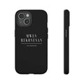 Black Mwen Rekonesan phone case with "I am grateful" text, dual-layer protection, matte finish, and wireless charging compatible