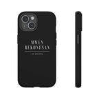 Black Mwen Rekonesan phone case with "I am grateful" text, dual-layer protection, matte finish, and wireless charging compatible